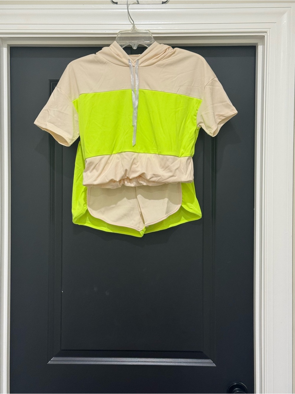 Neon Yellow and Cream Cropped Hoodie Shorts Set